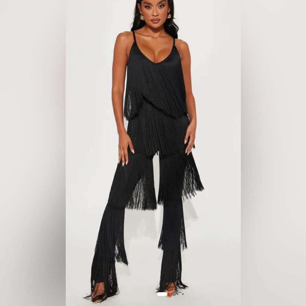 Elegant Black Fringe Jumpsuit- Large